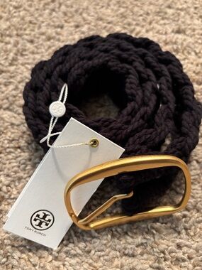 NWT Tory Burch Logo Macramé Braided Belt with Gold Buckle Black Size M/L